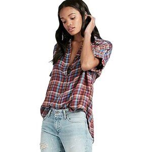 Lucky Brand Multicolor Plaid Flannel Oversized Short Sleeve Button Up Sm…